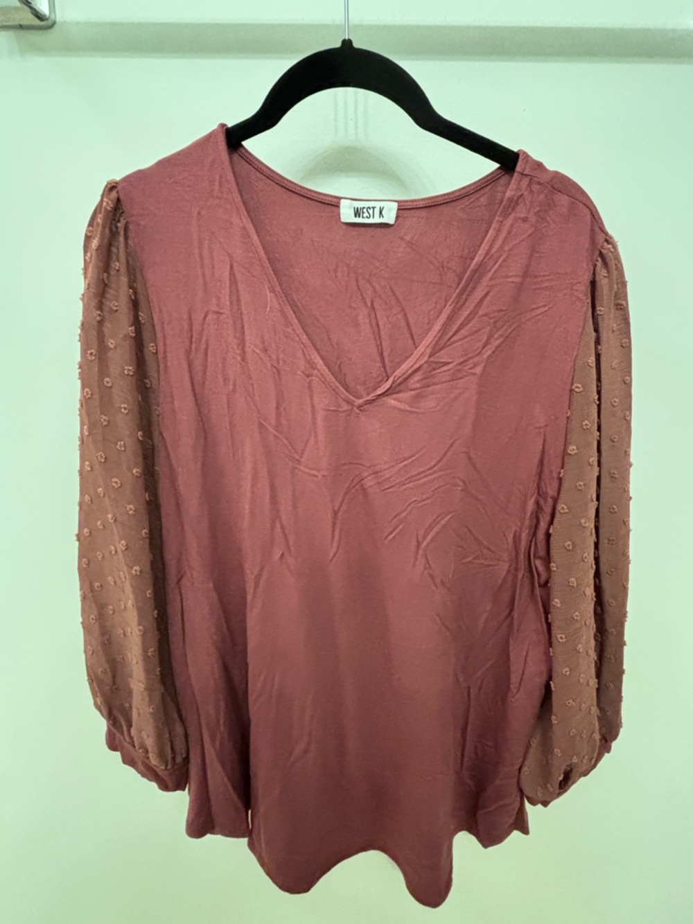 West K Women's Mauve V-Neck Blouse with Sheer Dot Sleeves